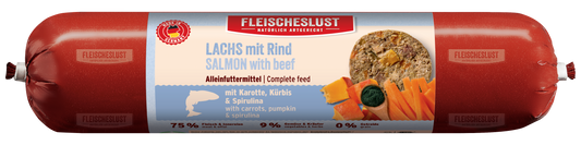 Lachs mit Rind mit Karotte, Kürbis & Spirulina